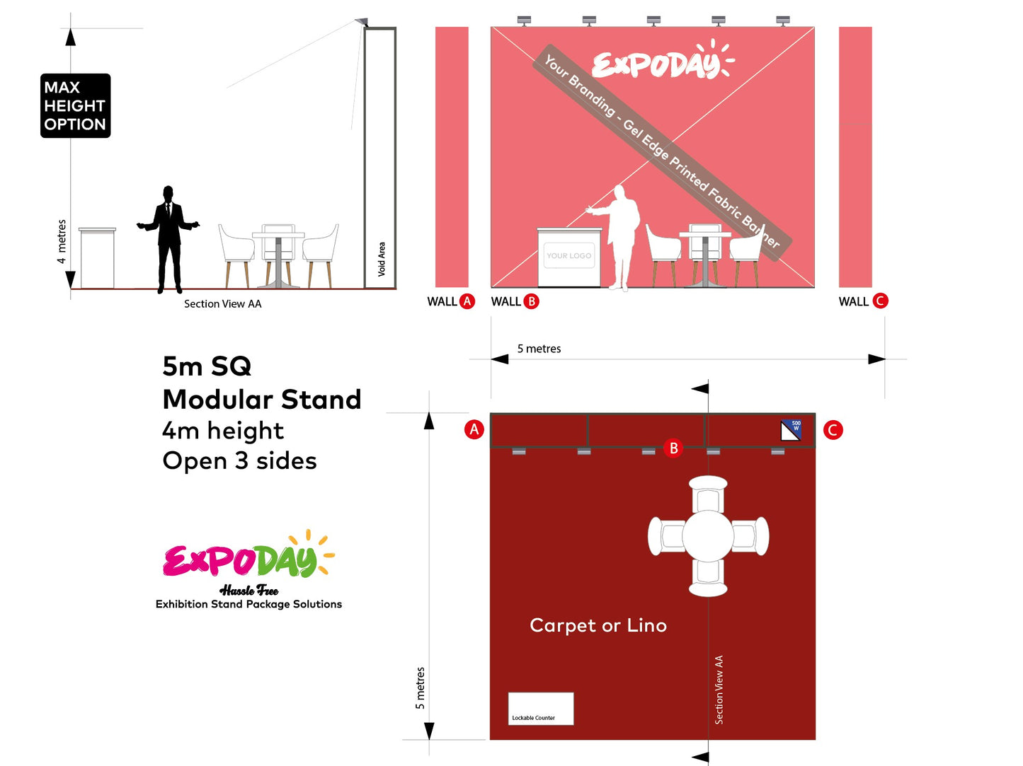 EXHIBITION STAND 5m SQ Open 3 sides | 2.5m / 4m high Options