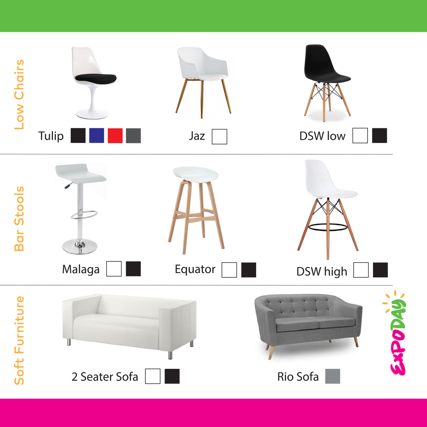 A selection of furniture including chairs and a sofa, with options to choose from different styles such as Tulip, Jaz, DSW low, DSW high, Malaga, Equator, and Rio Sofa.
