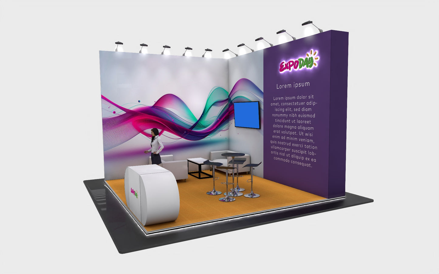 EXPODAY Upgraded shell scheme to branded bematrix modular exhibition stand 5m x 4m halo lit logo, platform, furniture AV and reception counter