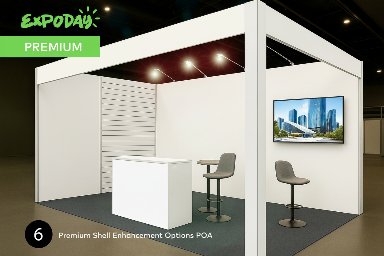 turn shell scheme stand into custom looking stand space cladding, graphics av lighting slat walling, plinths