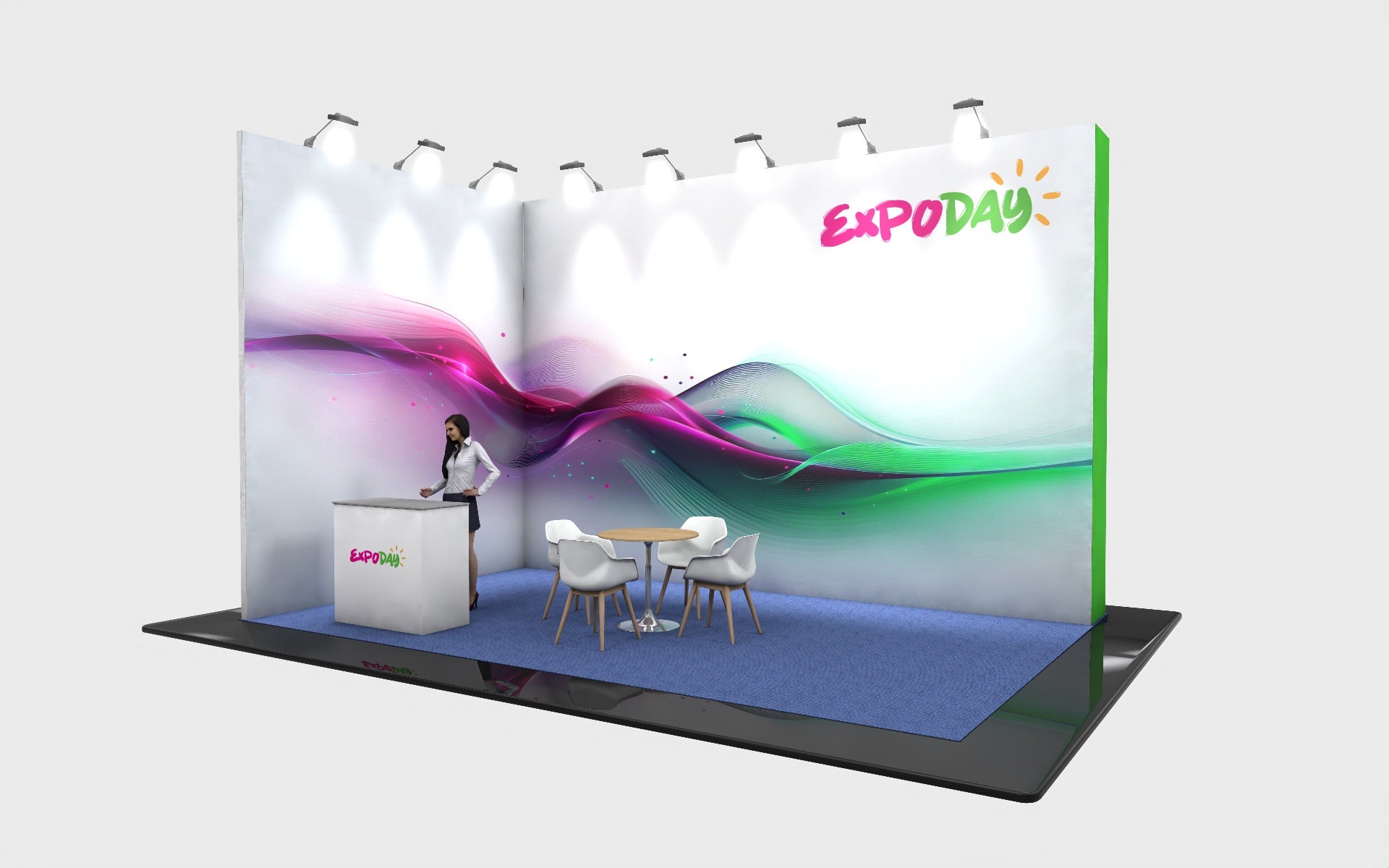 EXPODAY Upgraded shell scheme to branded budget bematrix modular exhibition stand 6m x 4m show ready including installation. free cad design