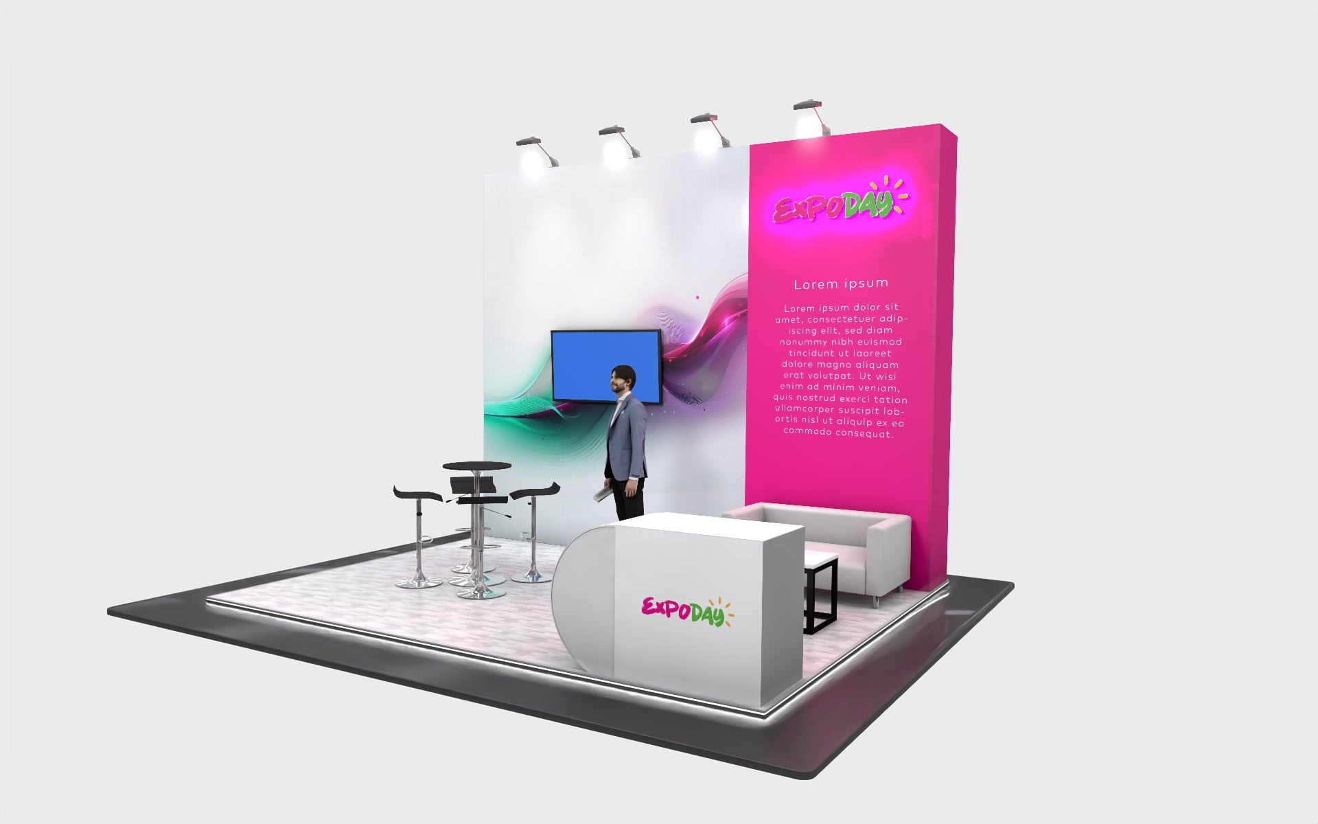 EXPODAY Upgraded premium shell scheme to branded modular exhibition stand 5m x 4m halo lit logo, platform, furniture AV and reception counter