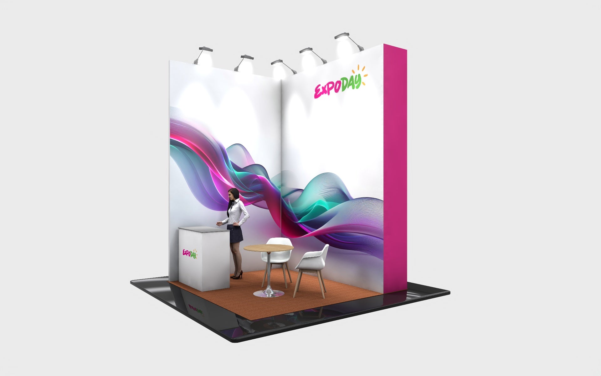 Exhibition Stand Design and Build | 3m SQ Stand  ExpoDay. Custom Exhibition Stands package UK 4m Exhibition Stand ExpoDay. Essential. Expoday 3m x 3m modular exhibition stand with, branded graphics, reception counter, seating area and wall-mounted AV screen