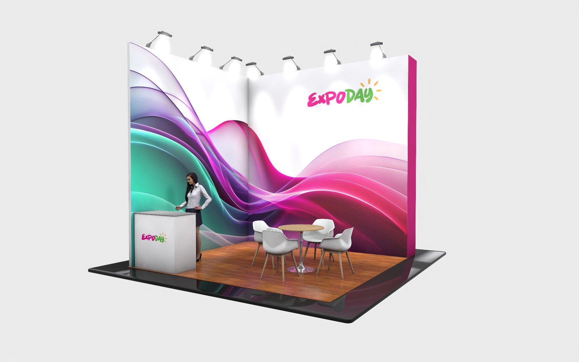 Custom Exhibition Stands UK 4m sq Exhibition Stand ExpoDay Essential. Expoday 4m x 4m modular exhibition stand with, branded graphics, reception counter, seating area and wall-mounted AV screen