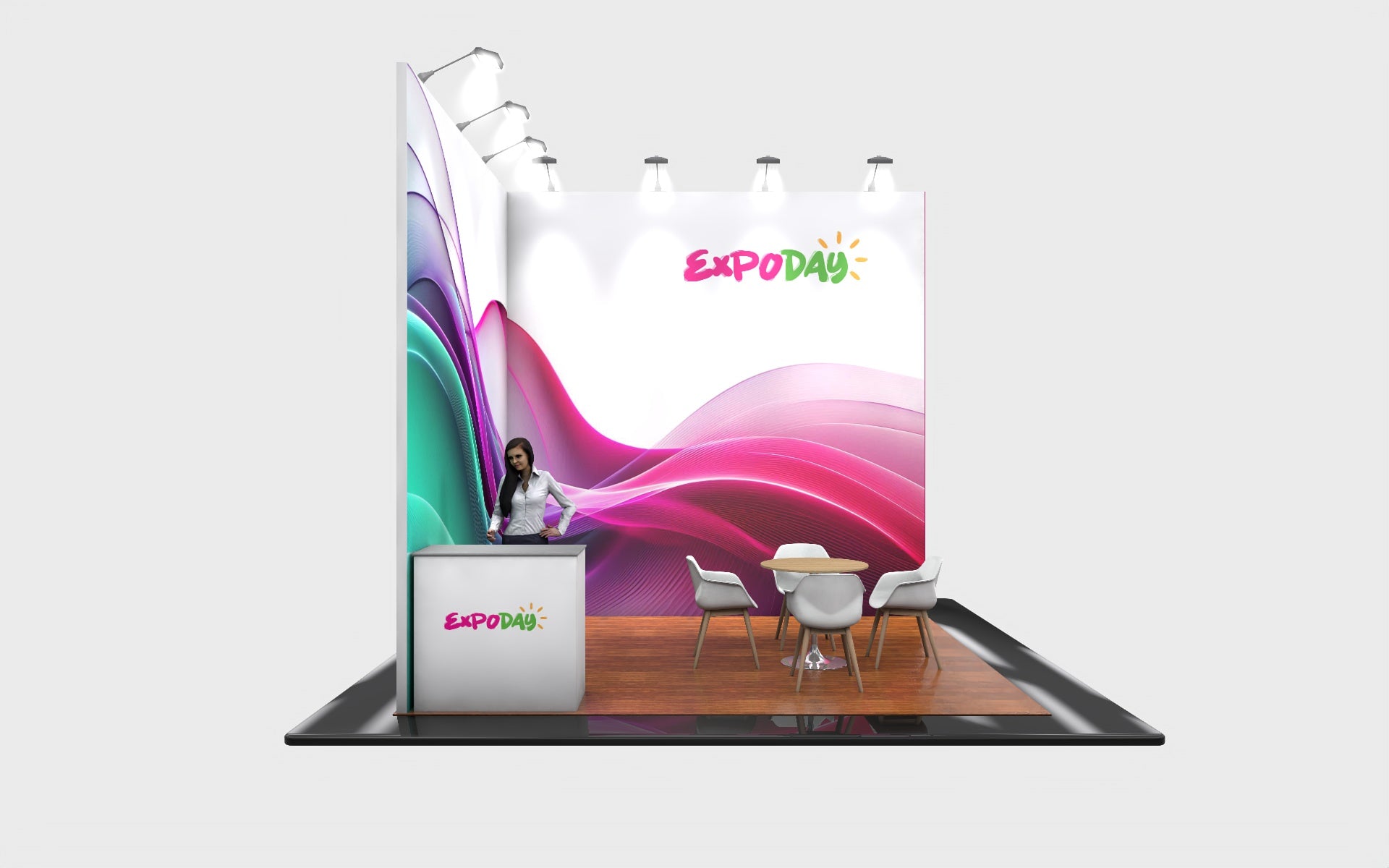 Custom Exhibition Stands package UK 4m Exhibition Stand ExpoDay. Essential. Expoday 4m x 4m modular exhibition stand with, branded graphics, reception counter, seating area and wall-mounted AV screen