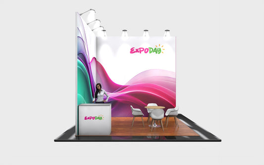 Custom Exhibition Stands package UK 4m Exhibition Stand ExpoDay. Essential. Expoday 4m x 4m modular exhibition stand with, branded graphics, reception counter, seating area and wall-mounted AV screen