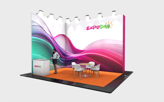 EXPODAY Upgraded shell scheme to branded budget bematrix modular exhibition stand 5m x 4m show ready including installation. led lighting on stand
