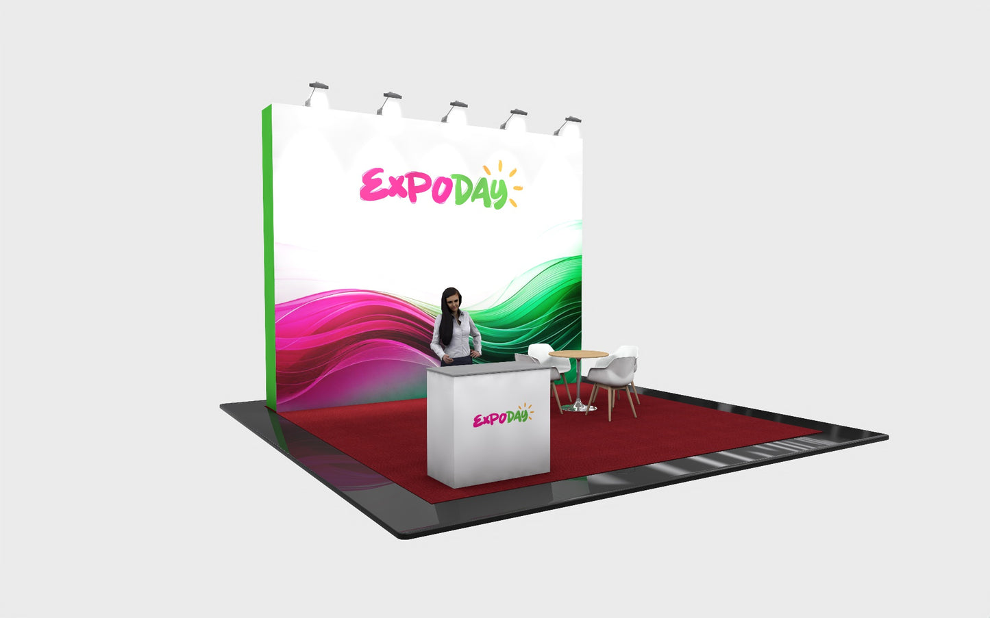 Custom Exhibition Stands package UK 5x5 sq Exhibition Stand ExpoDay. Essential. Expoday 5m x 5m modular hire exhibition stand with, branded graphics, reception counter, seating area. UK installation