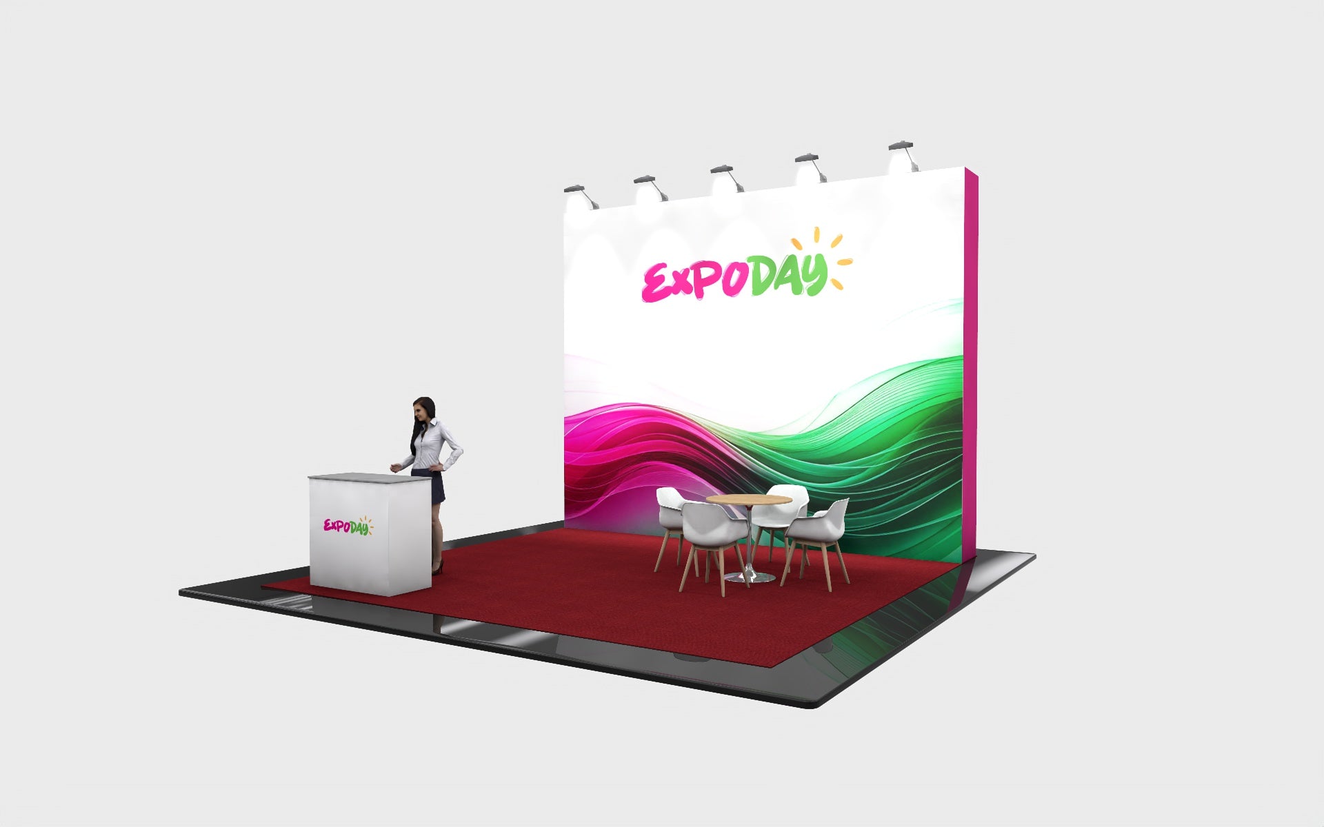 EXPODAY Upgraded shell scheme to branded budget bematrix modular exhibition stand 5m x 5m show ready including installation. best value exhibition stand upgrades
