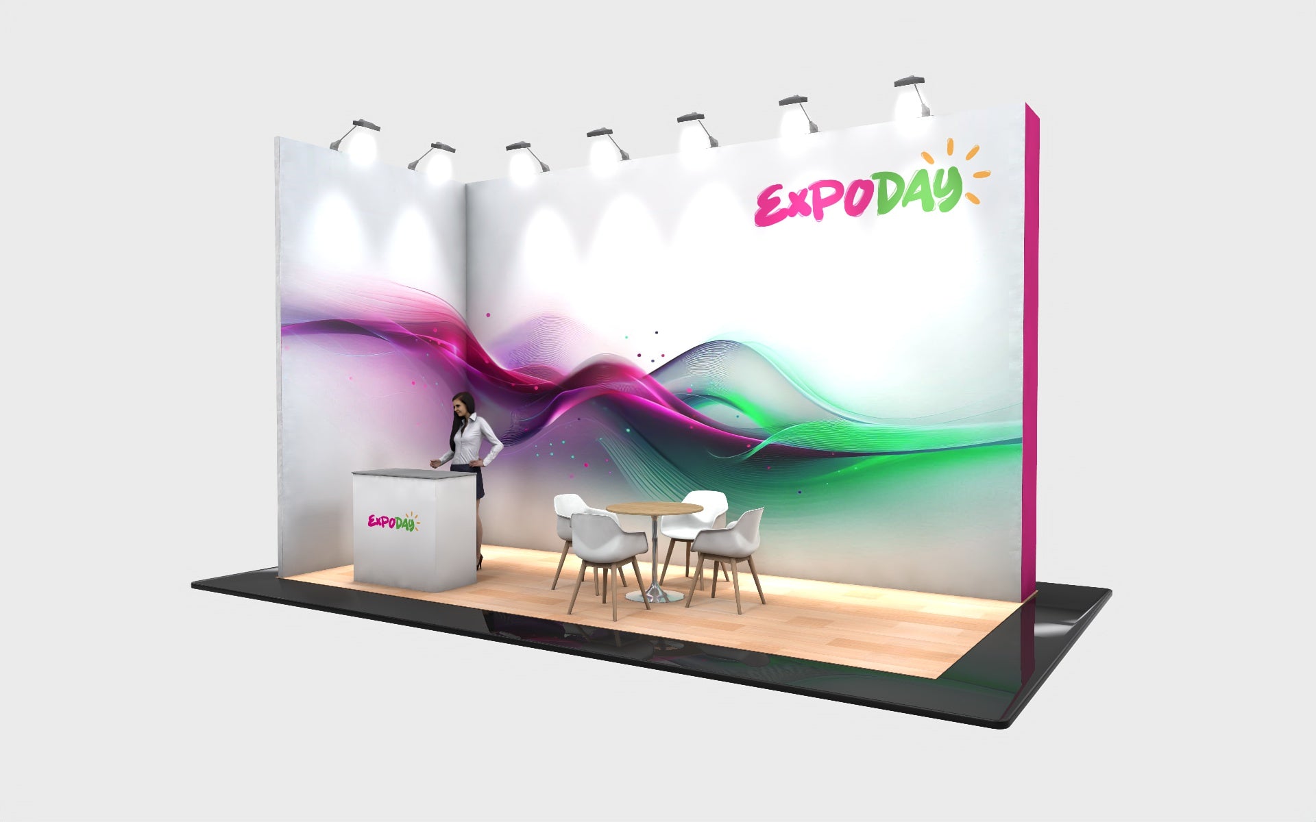 EXPODAY Upgraded shell scheme to branded budget bematrix modular exhibition stand 3m x 4m show ready including installation. FURNITURE, CARPET ALL INCLUDED