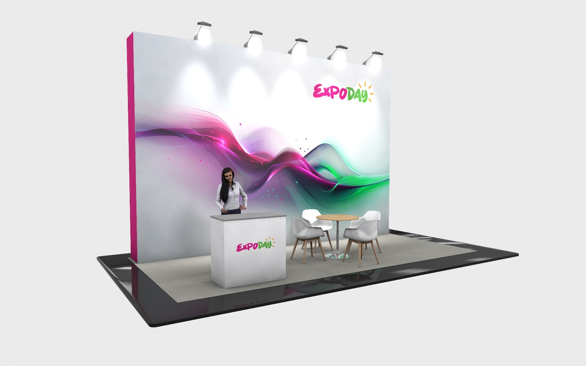 EXPODAY Upgraded shell scheme to branded budget bematrix modular exhibition stand 6m x 3m show ready including installation. TENSION GRAPHICS