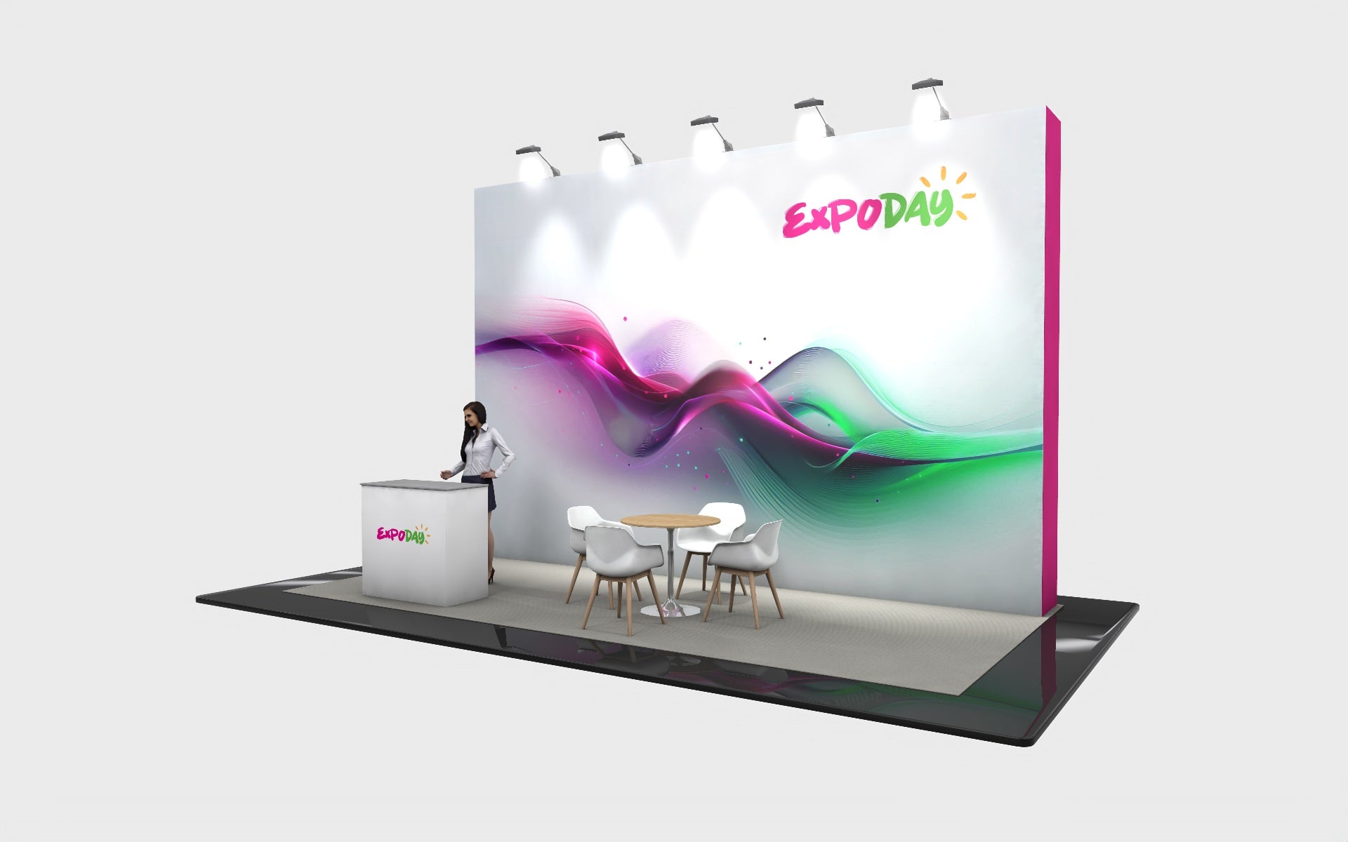 Essential. Expoday 6m x 3m modular exhibition stand with, branded graphics, reception counter, seating area and wall-mounted AV screen
