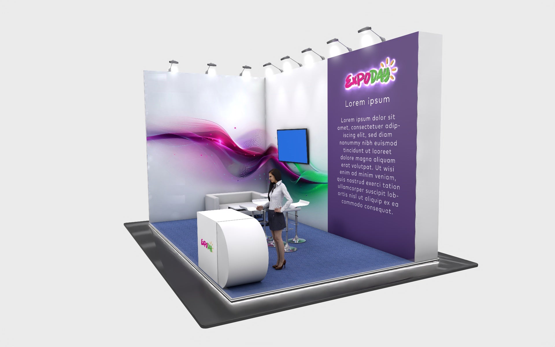 Expoday 6m x 4m modular exhibition stand with, branded graphics, reception counter, seating area and wall-mounted AV screen
