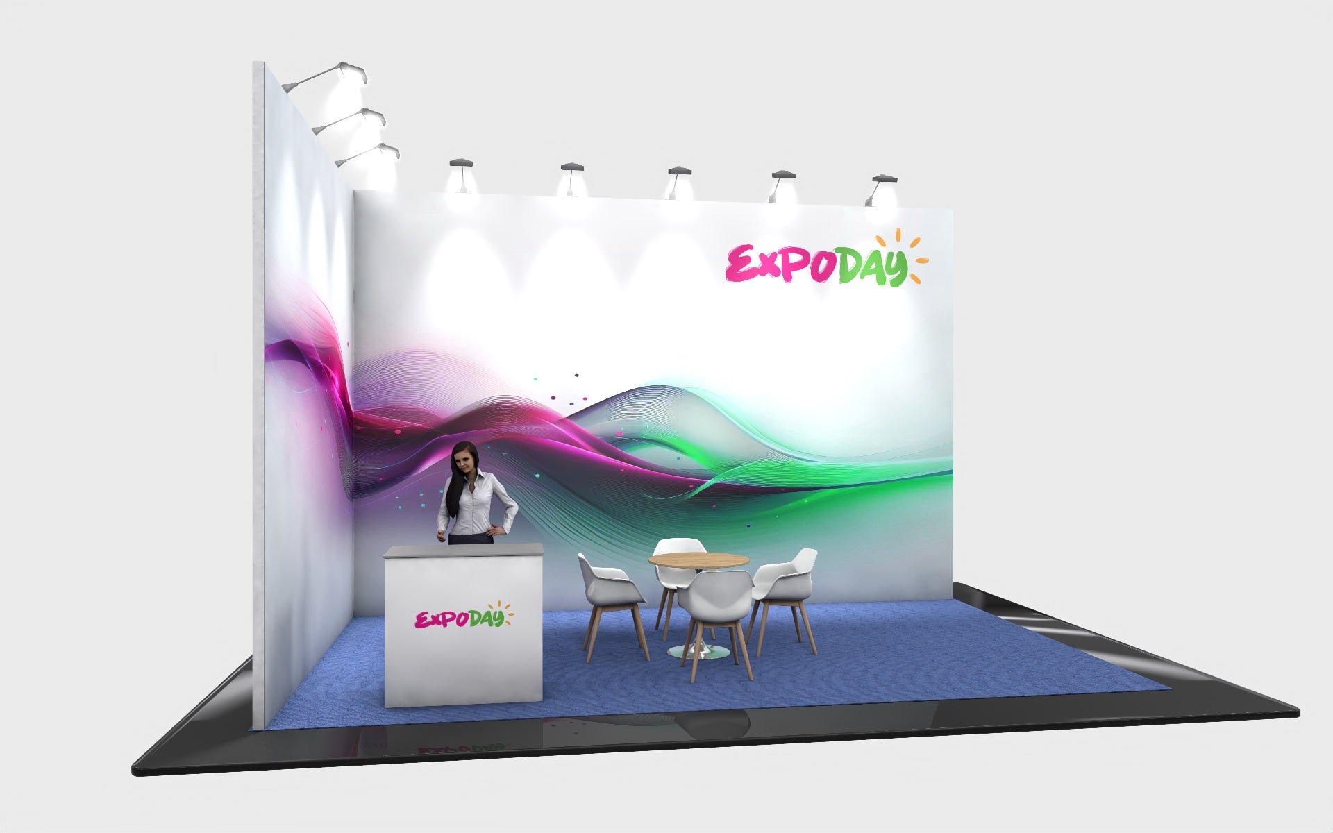 Modular trade show stand. Essential exhibition stand package 6m x 4m from ExpoDay. Expoday custom modular exhibition booth with lightbox display walls UK