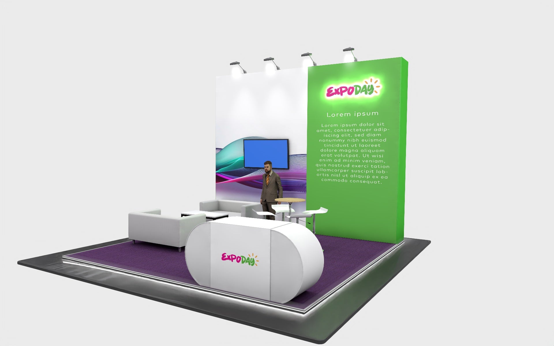 EXPODAY Upgraded shell scheme to branded premium bematrix modular exhibition stand 5m x 5m halo lit logo, platform, furniture, sofas, AV and reception counter, fully installed