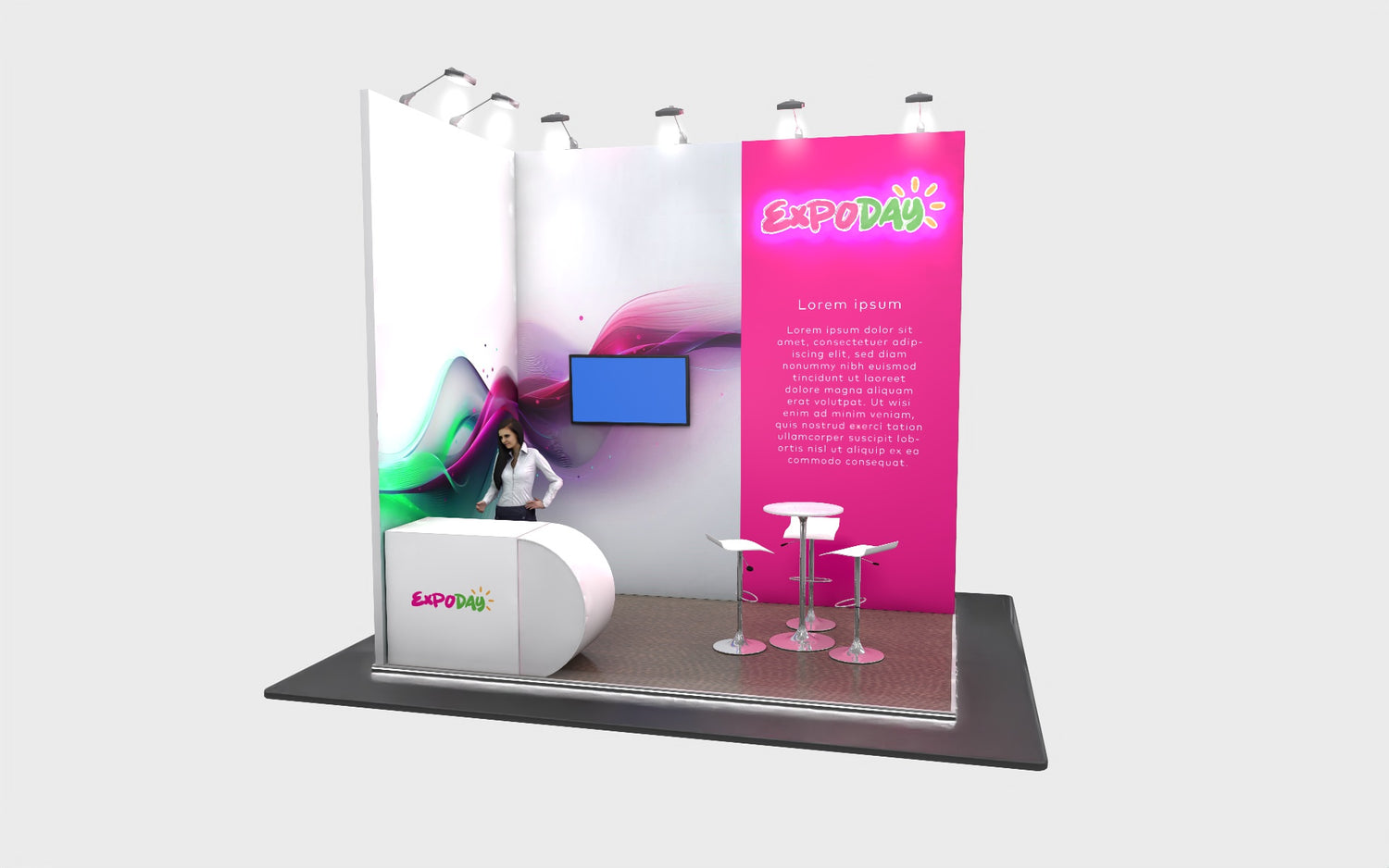 EXPODAY Upgraded shell scheme to branded modular exhibition stand 3m x 4m halo lit logo, platform, furniture AV and reception counter