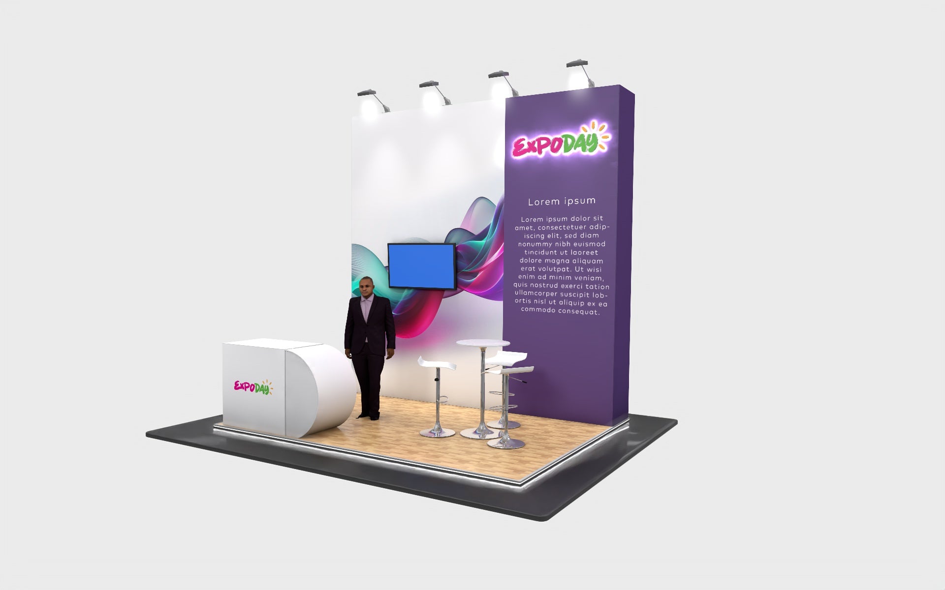 EXPODAY Upgraded shell scheme to branded modular exhibition stand 3m x 4m halo lit logo, platform, furniture AV and reception counter.