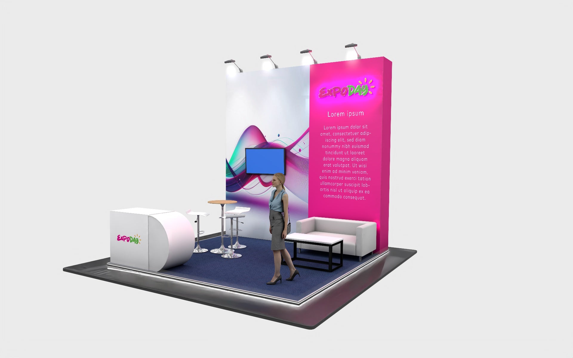 EXPODAY Upgraded shell scheme to branded bematrix modular exhibition stand 4m x 4m halo lit logo, platform, furniture AV and reception counter