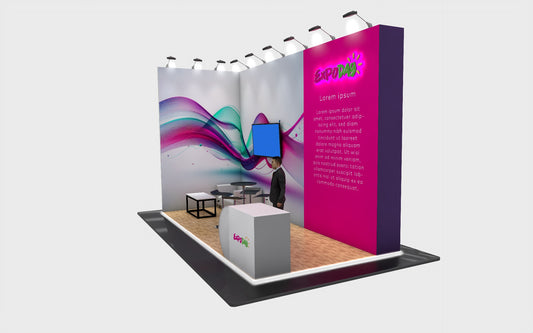 EXPODAY Upgraded shell scheme to branded premium bematrix modular exhibition stand 6m x 3m halo lit logo, platform, furniture AV and reception counter, fully installed
