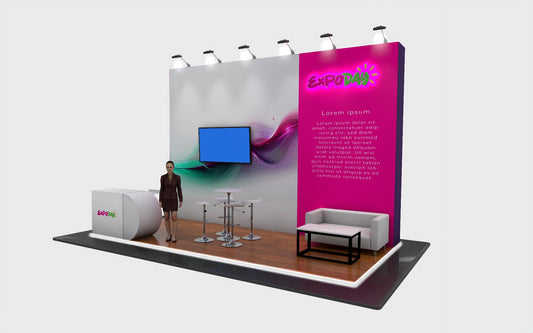 EXPODAY Upgraded shell scheme to branded modular exhibition stand 6m x 3m halo lit logo, platform, furniture AV and reception counter.