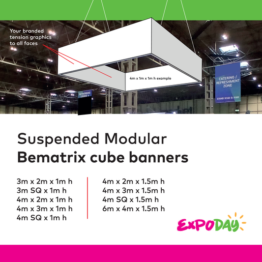 Suspended modular Bematrix cube banners hanging event banners rigged EXPODAY